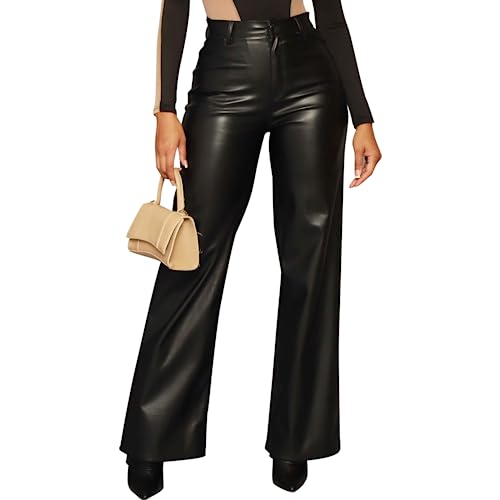 Zebaexf - Pantalones de piel sintética de cintura alta para mujer, pierna recta, pantalones de...