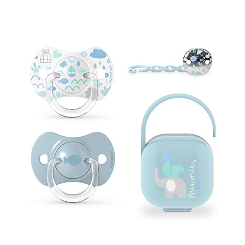 SUAVINEX Set de Broche + Chupon Tetina SX PRO Fisio 0-6M + Porta Chupon Memories 4 piezas Azul