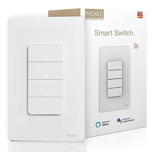 MOES - Interruptores de luz inteligentes de 4 bandas, interruptor Wi-Fi de 2.4 GHz, requiere cable...