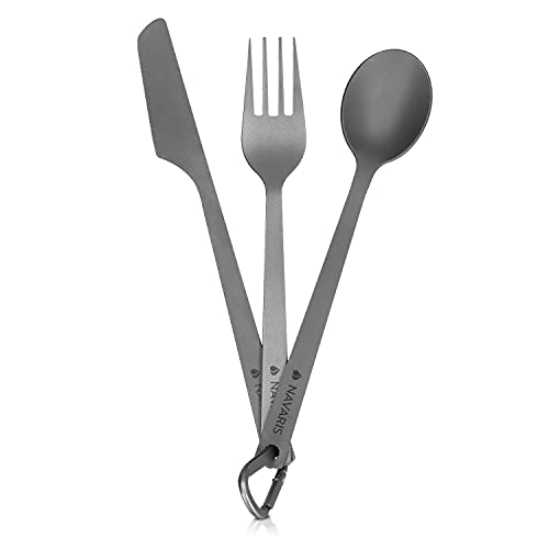 Navaris Set de 3 cubiertos de titanio para camping - 3x cubiertos ultraligeros - Cuchillo cuchara y...