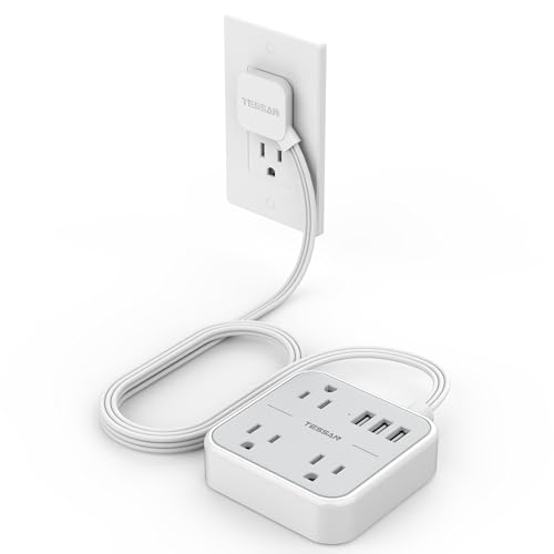 TESSAN Extension Electrica Plano, Regleta Multicontacto 3 USB, Extensión Plana para Pared 1.5M con...