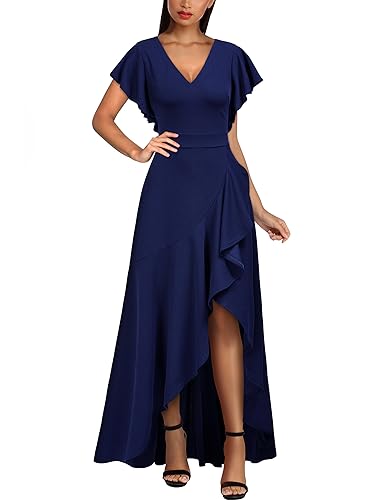 Miusol Vestido largo formal con cuello en V y volantes para mujer, A-Azul marino, L