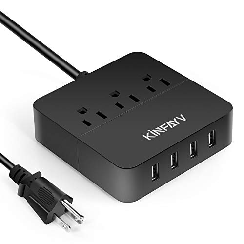 Kinfayv - Tira de alimentación con 4 puertos USB y 3 tomacorrientes, protector de sobretensiones de...