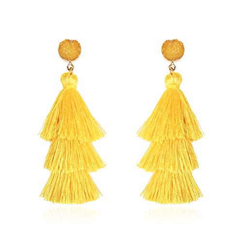 Bohemian - arete de borla de acrílico brillante con flecos, piedra de imitación, peso ligero, hilo...