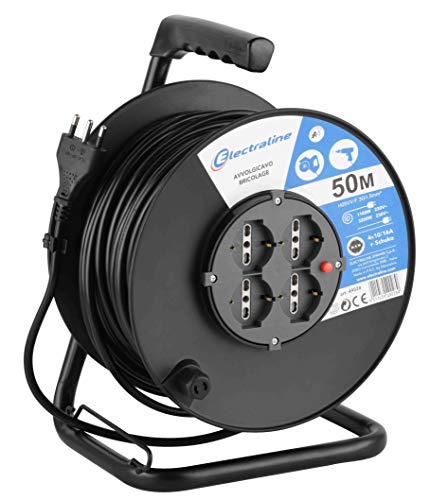 Electraline 49028 Alargador eléctrico con carrete de cable, 50 m, 4 enchufes polivalentes (schuko +...