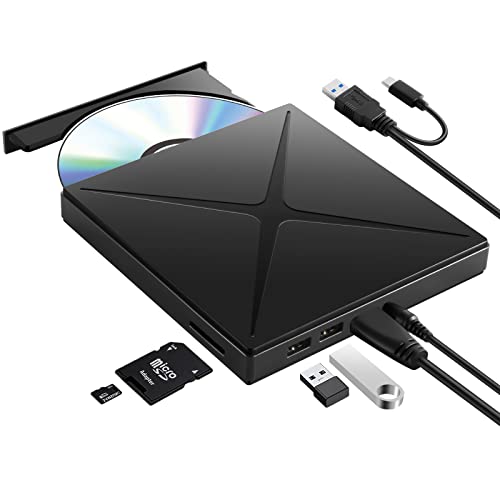 Grabadora CD/DVD con USB 3.0 y Tipo C, Lector de CD con 2 Puertos USB y Lector Tarjeta SD/TF, Unidad...