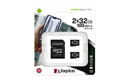 Kingston MicroSDHC Select Plus 32GB (Pack De 2 Piezas + Adaptador a SD) Clase 10, UHS-I, U1, V10...