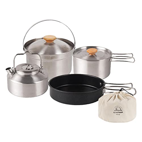 MEFFEE Utensilios Cocina para Acampar | 4 ollas y sartenes para Acampar | Ollas y sartenes Acero...