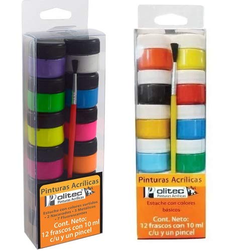 Set 2 Estuches de Pinturas Acrílicas Politec total 24 Frascos de 10 ml c/u 12 tonos clásicos y 2...