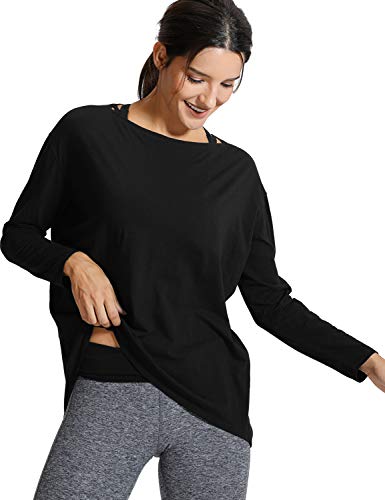 CRZ YOGA Camiseta de Manga Larga Deportiva Mujer de Algodón Pima con Cuello Barco Negro Chico