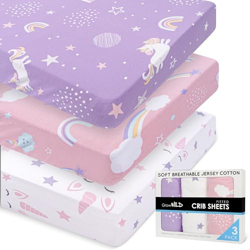 GROW WILD Sábanas de cuna para niña, paquete de 3 | Sábana bajera ajustable de algodón suave y...