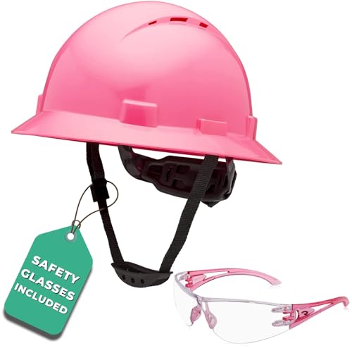 Casco de seguridad de ala completa ventilado aprobado por OSHA, incluye anteojos de seguridad rosas,...