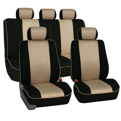 FH GROUP Universal Fit Full Set Cloth Car Seat Cover with Piping Airbag & Split Ready, (Beige/Black)...