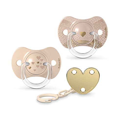 3Babies Suavinex Set De Clip Y Chupón Fisio. Silicón 06-18 M 3pz 'spread Joy' Dorado, Paquete De 1...