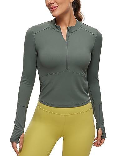 CRZ YOGA Camiseta Manga Larga Mujer Deportivas Básica de Running con Media Cremallera Salvia Gris...
