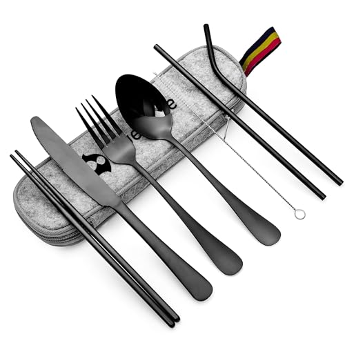 Bluelander Juego de Cubiertos Portátiles, Acero Inoxidable, 8 Piezas en 1, Cubiertos Portátiles...