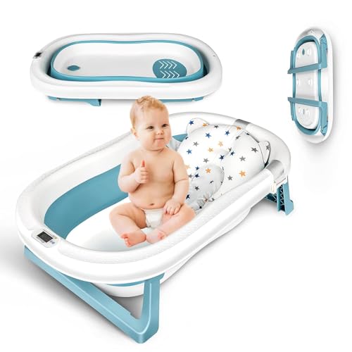 Bañera plegable, bañera portátil multiusos con cojín de asiento, alfombra antideslizante,...