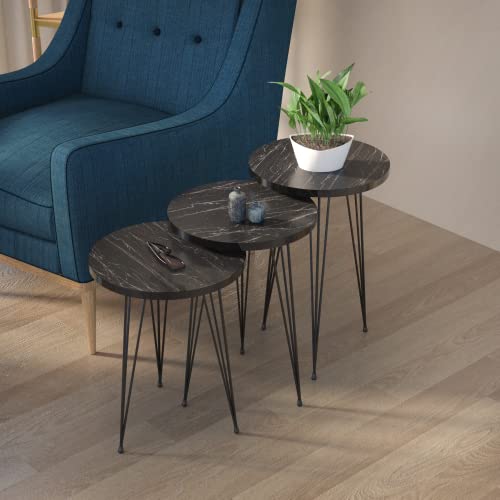 PAK HOME - Juego de 3 mesas auxiliares redondas de madera apilables con patas de metal para sala de...
