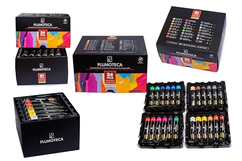 PLUMOTECA Pintura Acrilica Profesionales Set de 24x22ml Arte Con Pinceles Pintar Lienzo Tela Madera...