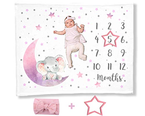 Manta con diseño de luna de elefante, con diadema, calendario de primer año, tabla de crecimiento...