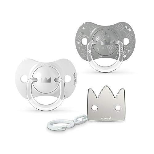 3Babies Suavinex Set De Clip Y Chupón Fisio. Silicón 0-6m 3pz 'spread Joy' Plata, Paquete 1 Count