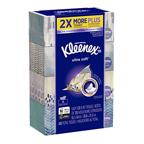 Kleenex Ultra Soft Facial Tissue Regular (Pack of 4), 120 count Each, 3 ply, White