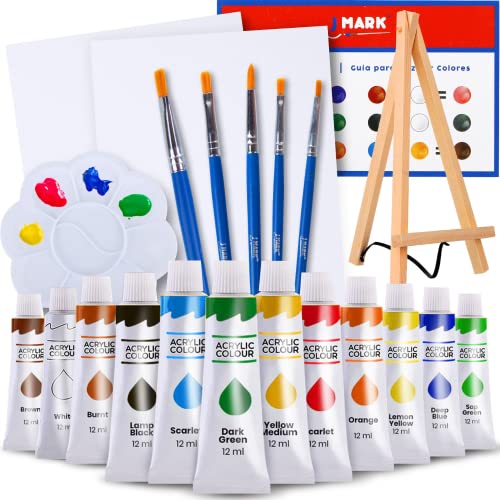 J MARK Kit de pintura, juego de 22 piezas de lona acrílico con caballete de madera, lienzos de 8 x...