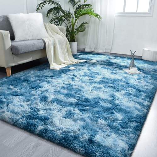 FlyDOIT - Alfombras de área grande para sala de estar, 4 x 6 pies, teñido anudado, color azul...