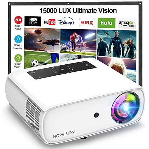 HOPVISION Proyector Native 1080P Full HD, Proyector de película de 15,000 Lux con 150,000 Horas de...