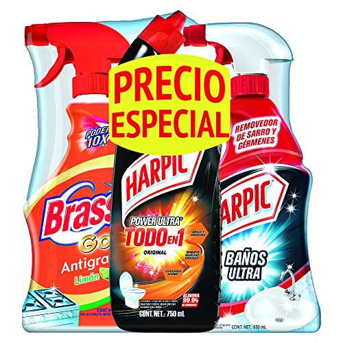 Brasso Brasso Antigrasa Limón 650ml, Harpic Max Power 750ml Y Harpic Baños Ultra 650ml, color, 3...