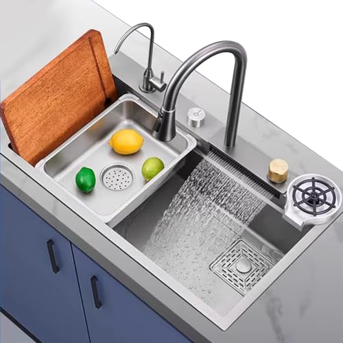 Fregadero De Cocina Gris Fregadero De Acero Inoxidable con Grifo En Cascada Fregadero Grande De Un...