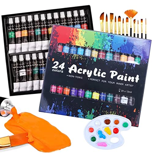 Juego de Pintura Acrilica, Pintura Oleo 24 Colores×12ml con 12 Pinceles y 1 Paleta,Colección...