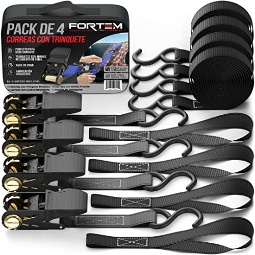 FORTEM Eslingas con Carraca de 680 Kg de Fuerza - 4 Cinchas de Amarre de 4,5 m – 4 Eslingas de...