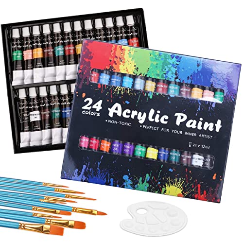 Juego de Pintura Acrilica, EASYTAO Pintura Oleo 24 Colores×12ml con 10 Pinceles de Madera y 1...