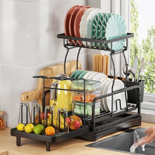 DASHLINE Escurridor de Trastes Retráctil, Escurridor de Trastes Acero Inoxidable de 2 Niveles, con...
