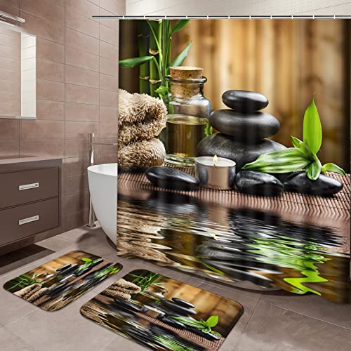 ArtSocket Juego de baño Verde con Cortina de Ducha y Accesorios para alfombras, Piedras de bambú,...