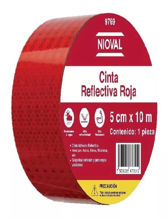 Nioval Cinta Reflejante Rojo Con Blanco Tipo Barricada Rollo 10m, Autoadherible, Adhesiva de alta...