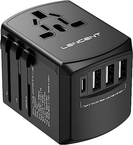 LENCENT Adaptador Enchufe de Viaje Universal, Cargador Internacional de 3 Puertos USB-A y 1 USB-C...