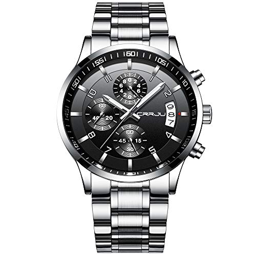 CRRJU - Reloj de pulsera deportivo con cronógrafo para hombre, correa de acero inoxidable,...