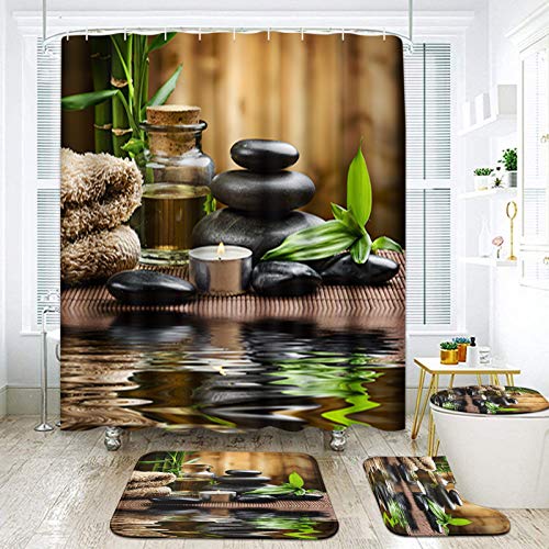 ArtSocket Juego de 4 cortinas de ducha con piedras, spa, aceite, madera, masaje, vela, ayurvédica,...