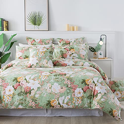 FADFAY Juego de Funda nórdica Floral Queen 100% algodón Shabby Vintage Ropa de Cama 600 TC Verde...