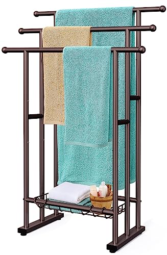 Kayfia - Toalleros de pie de 40 pulgadas de alto para baño, toallero de 3 niveles con cesta de...