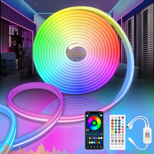 RGB Tira Neon, HONGHCL 5m Cuerda de Neón de Bluetooth Multicolor,Impermeable Tira LED Neon RGB,...