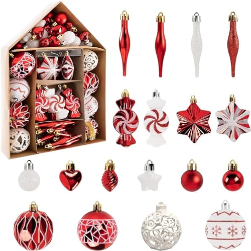atol Juego De Adornos para Árbol De Navidad, 73 Esferas De Navidad, Rojas Y Blancas, Kit De Adornos...