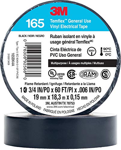 3M Temflex Cinta eléctrica de vinilo multiusos 165, negro, 19 mm x 18 m, paquete de 10 rollos