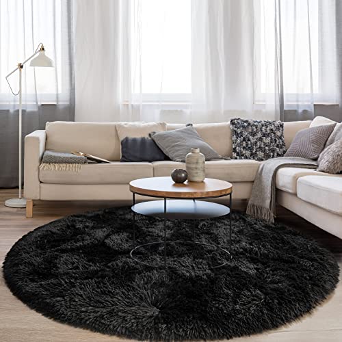 FlyDOIT - Alfombra redonda negra para dormitorio, alfombra circular súper esponjosa para...