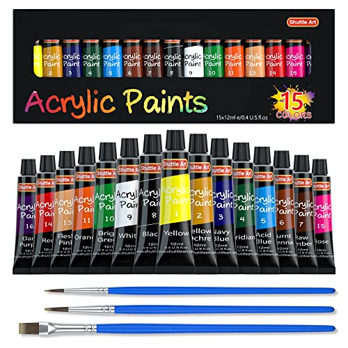 Shuttle Art - Juego de pintura acrílica, 15 tubos de 12 ml, calidad de artista, no tóxicos,...