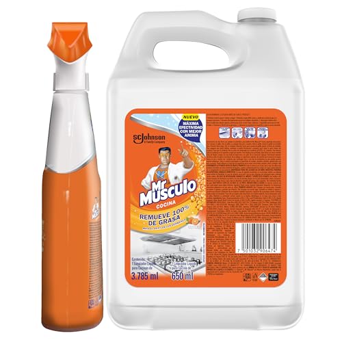 Mr. Músculo Desengrasante Cocina, Limpieza Poderosa, 1 Botella de Spray (650mL) + 1 Repuesto (3.785...