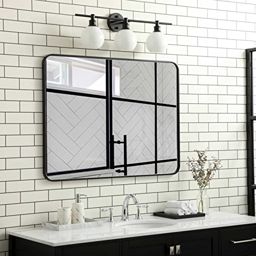 ZZPQ Espejo de pared de baño de 40 x 30 pulgadas, espejo rectangular con marco de metal negro con...