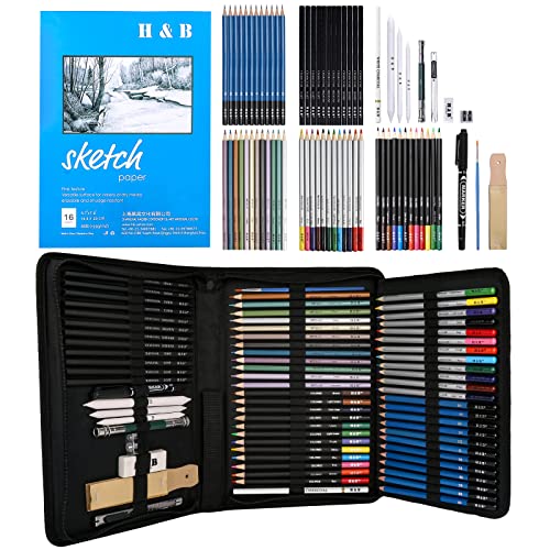 Kit de arte de dibujo de 72 piezas - Lápices de colores, bloc de bocetos, acuarela y lápiz...
